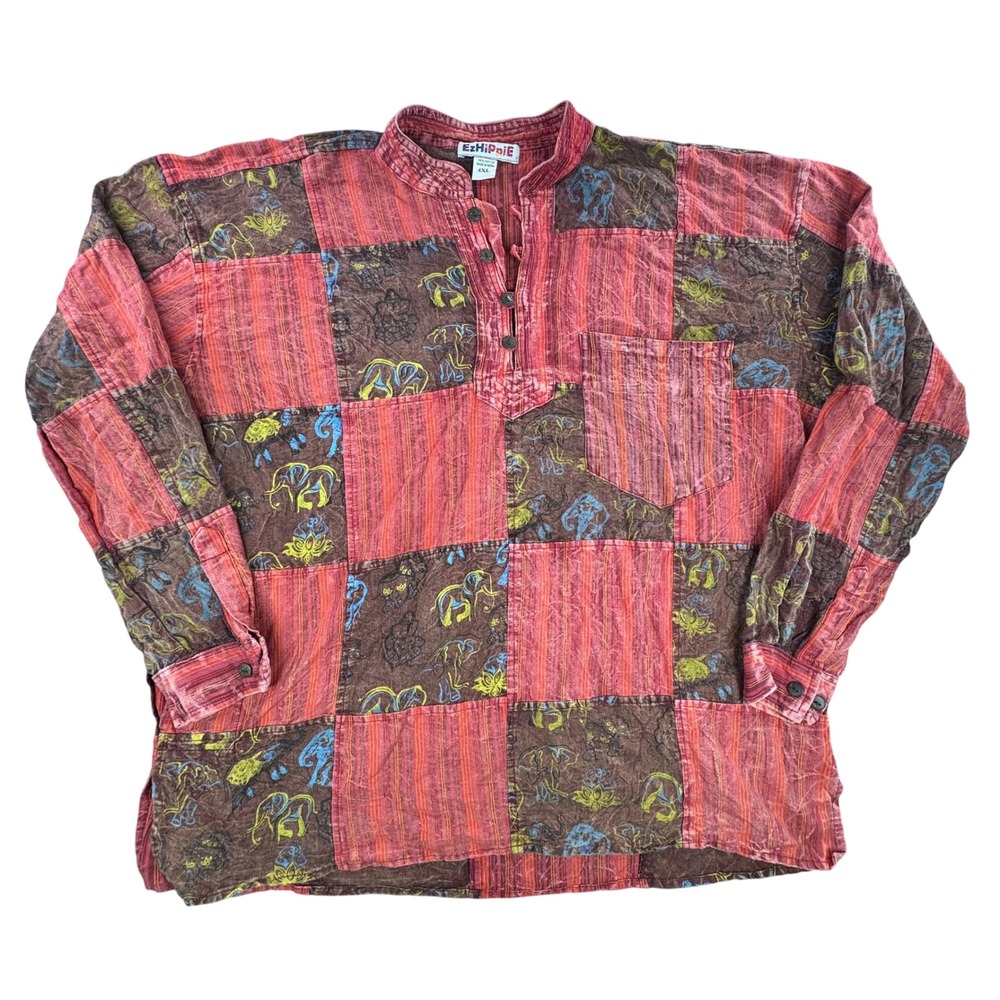 EzHippie Womens 4XL Red Patchwork Elephant Tunic Top Made in Nepal lagenlook